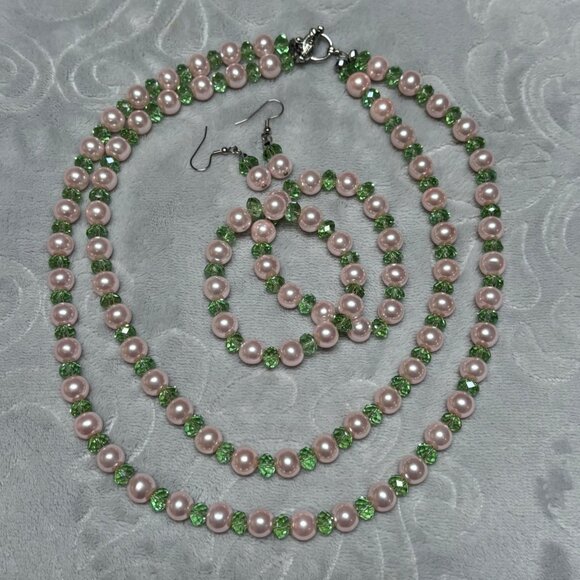 Hand Crafted Two Layers Pink And Green Crystal Bead Necklace, Bracelets, Earring - Picture 1 of 2